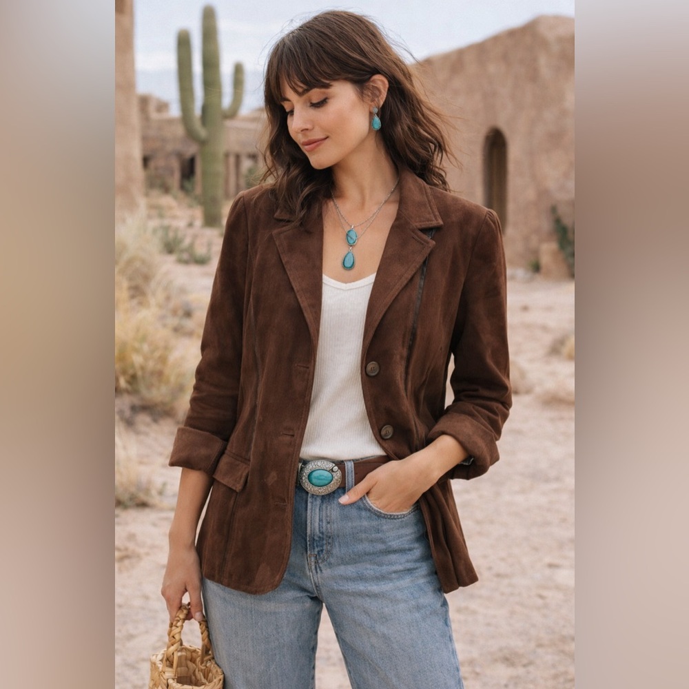 Vintage Brown Microsuede Blazer 2X RQT Woman 90s Tailored Jacket